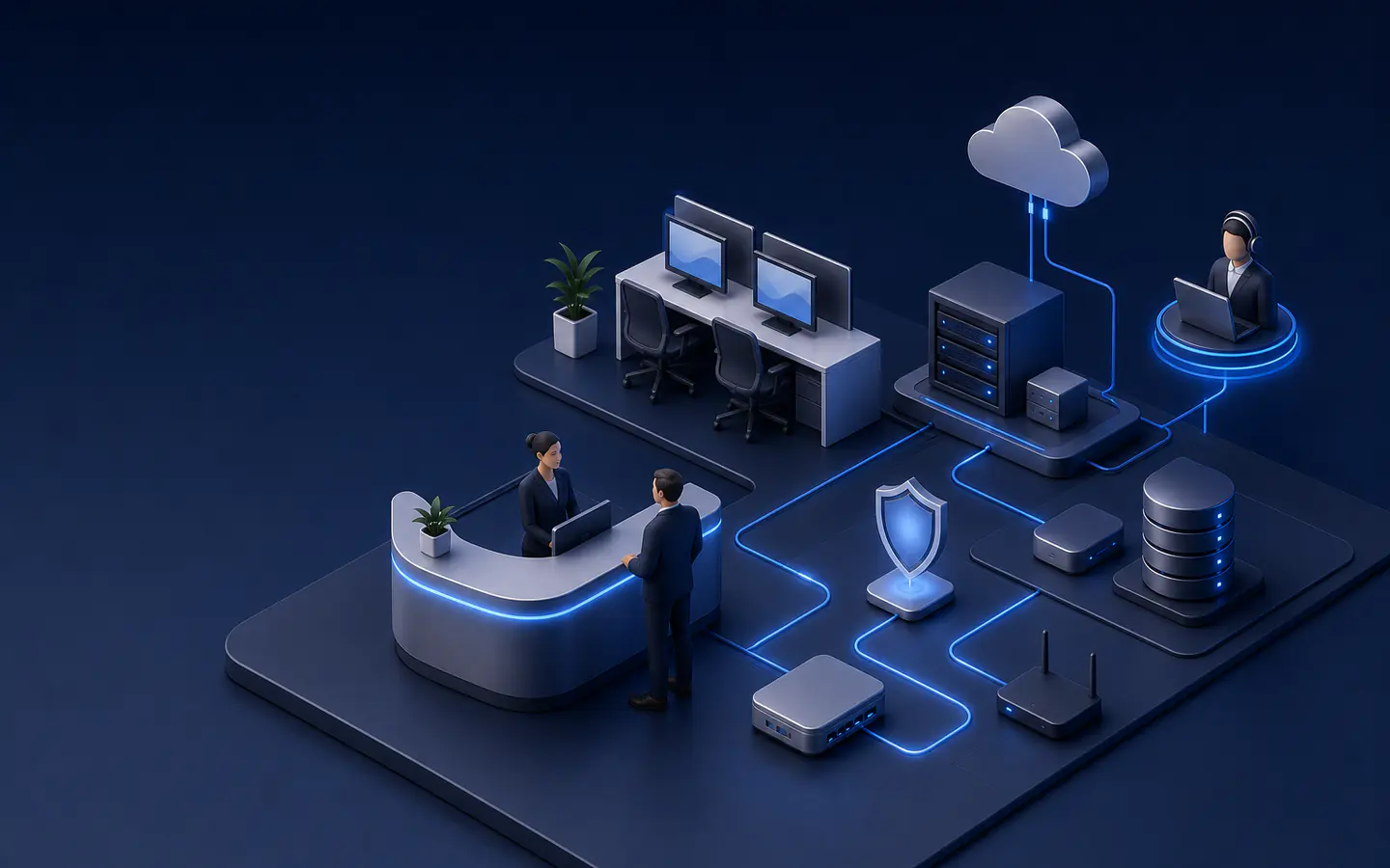 Praxisarbeitsplätze, Netzwerk und geschützte Systeme als abstrahierte IT-Landschaft.