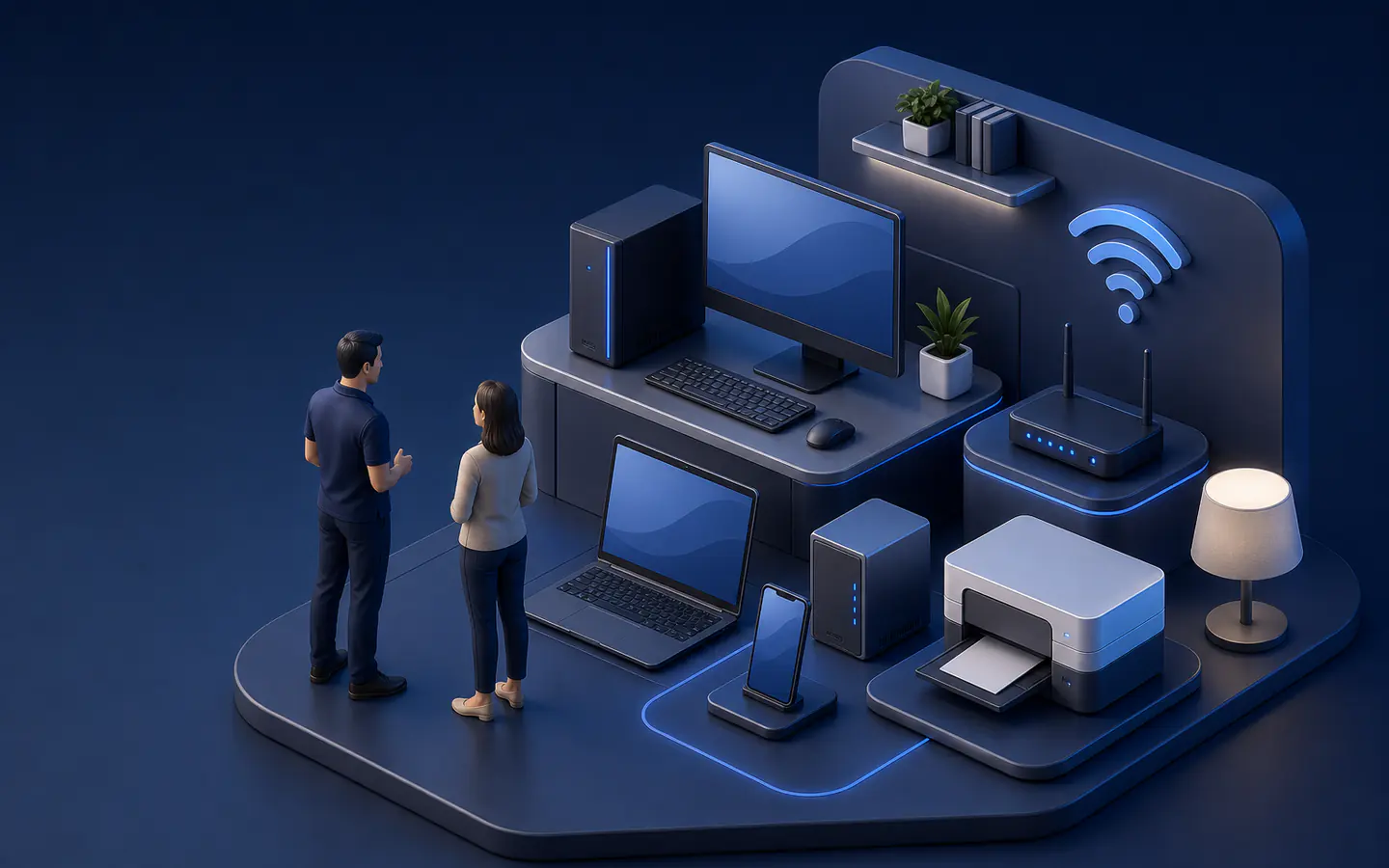 Privater Arbeitsplatz zu Hause mit Computer, WLAN und Datensicherung.