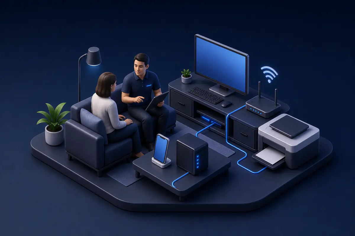 Unterstützung an einem privaten Arbeitsplatz zu Hause mit Computer, Router und Drucker.
