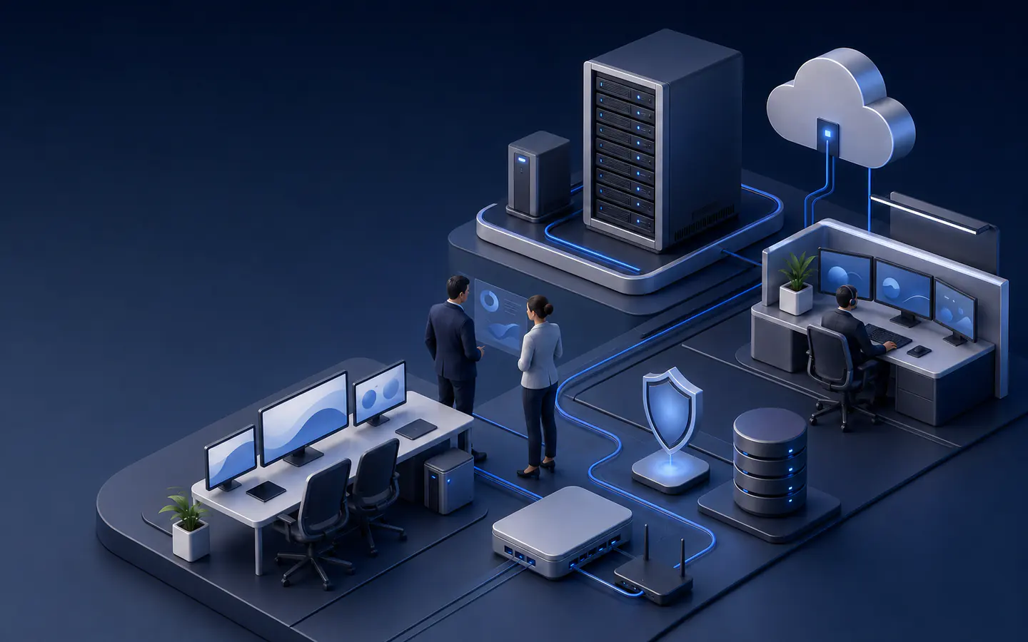 Abstraktes TEKAVERO IT-Ökosystem mit verbundenen Arbeitsplätzen, Netzwerk, Server und Datensicherung.